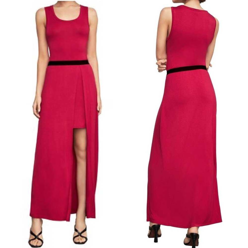 BCBGMaxAzria Red Knit Maxi Dress w Front Slit & Black Waistband